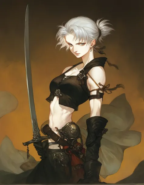 amano yoshitaka, 1girl, solo, paine (ff10), weapon, midriff, sword, 1girl, silver hair, short hair, gloves <lora:amano_yoshitaka_style_pony:0.8> score_9, score_8_up, score_7_up, score_6_up,