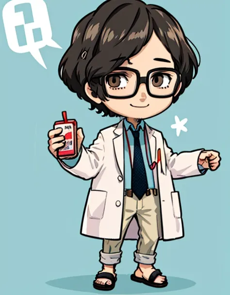 (masterpiece, best quality:1.2), chibi, full body, 1boy, solo, smile, looking at viewer, holding juice box, <lora:MarukiP5:0.9> marukiP5, glasses, stubble, labcoat, necktie, sandals, blue background, <lora:cute_social_Comic:0.65> cute comic