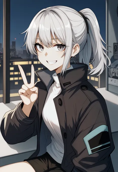 score_9, score_8_up, score_7_up, score_6_up, score_5_up, score_4_up, BREAK 1girl, silver hair, ponytail, grey eyes, black coat, long sleeves, white shirt, black shorts, sitting, smile, teeth, peace sign, looking at viewer, upper body, city, dusk, <lora:Gin...