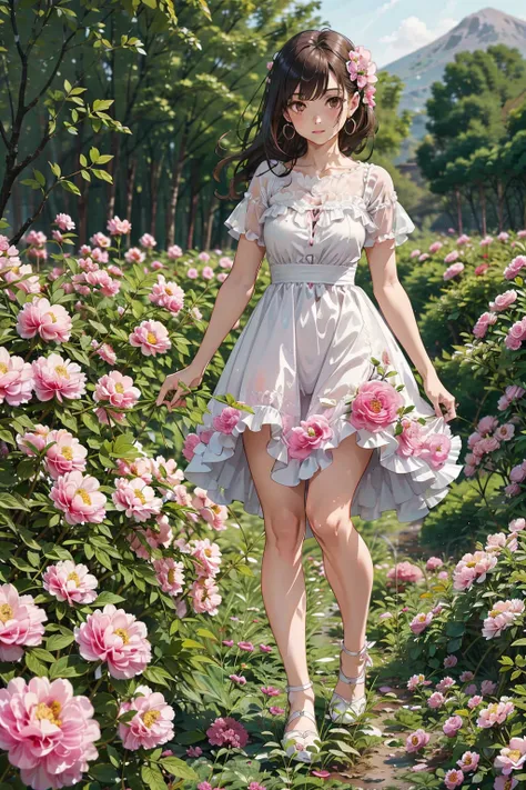 md,<lora:mdh-000014:0.5>,1girl,(blurry background:1.4),brown eyes,brown hair,dress,earrings,field,flower,flower field,long hair,looking at viewer,outdoors,pink flower,realistic,solo,white dress,(full body:1.3),UHD,retina,masterpiece,ccurate,anatomically co...