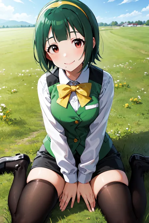 masterpiece, best quality, highres, aakotori, short hair, yellow hairband, mole under mouth, yellow bowtie, collared shirt, white shirt, green vest, long sleeves, black skirt, black thighhighs,  <lora:otonashi_kotori_v1:0.7>, wariza, field, smile, grass, o...