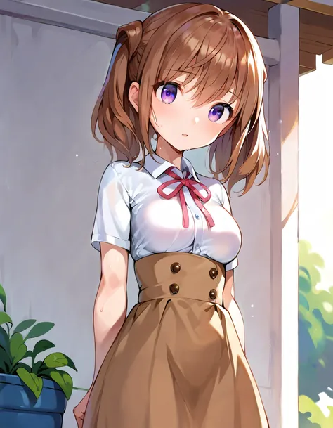 score_9, score_8_up, score_7_up, source_anime,
1girl, solo, sweat, in summer, outdoors, sunlight, 
kmkgyui, medium hair, brown hair, twintails, purple eyes, medium breasts,   <lora:KimikageYui_pony_v2:0.9>
school uniform, brown skirt, high-waist skirt, shi...