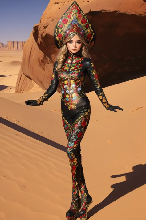 portrait, desert, Arabia, A woman with long blonde wavy hair, full body, wearing HUD_LG_911, ornate embroidered leather headdress, corset, gloves, long sleeves, bodysuit, shoes, <lora:HUD_LG_911-08:0.65>