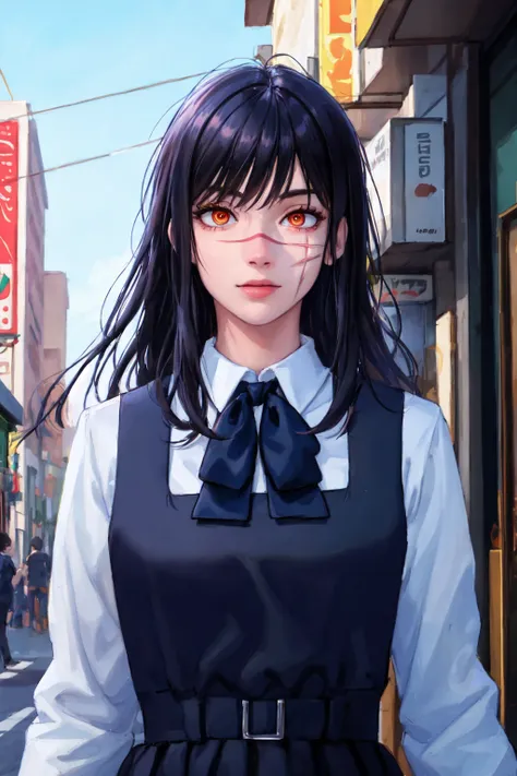 ray tracing, absurdres, offical art, illustration, (((masterpiece))),(((best quality))),((ultra-detailed)), 1girl, aged_up, solo, looking at viewer, yoru, scar on face, ringed eyes, black hair, long hair, ribbon, black ribbon, pinafore dress, black pinafor...