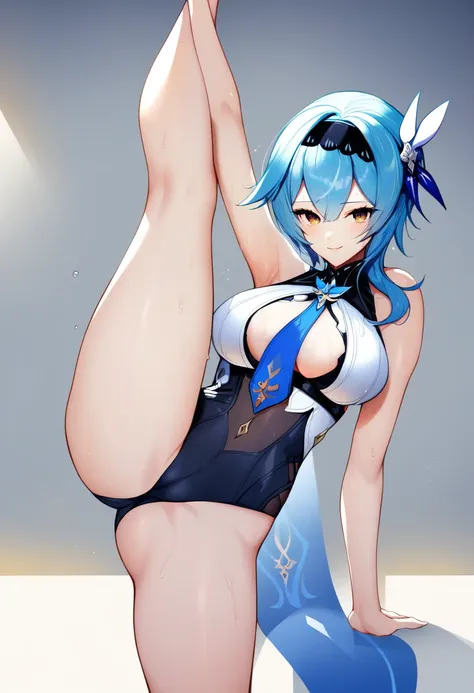 score_9, score_8_up, score_7_up, score_6_up, <lora:DPOXL:1> <lora:scottieXL_JS2_lokr_V1225:1> 1girl, eula (genshin impact), breasts, standing split, solo, blue hair, split, standing, hairband, standing on one leg, large breasts, sweat, bangs, thighs, yello...