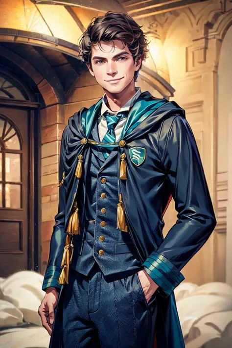 1boy, house robe, looking at viewer, sebsallow, smirk, suit, turn <lora:Sebastian_Sallow_-_Hogwarts_Legacy_Character-000005:0.8>,