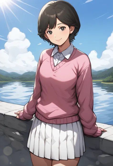 1girl, (lake:1.4), (sky:1.4), (sunlight:1.4), BLEAK
looking at viewer, smile, closed mouth, nomura_makiko, black eyes, black hair, short hair, pink sweater, collared shirt, white skirt, pleated skirt, <lora:nomura_makiko_pony_ver1:0.7>, score_9, score_8_up...