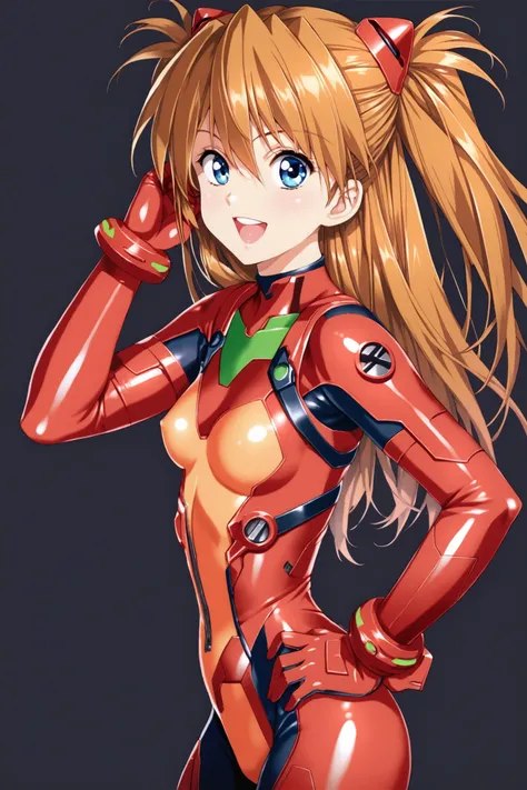 1girl,long hair,plugsuit,bodysuit,souryuu asuka langley,pilot suit,bracer,blue eyes,smile,open mouth,breasts,bangs,turtleneck,solo,cowboy shot,:d,hair between eyes,gloves,(red bodysuit:1.5),small breasts,looking at viewer,headgear,two side up,hand on hip,s...