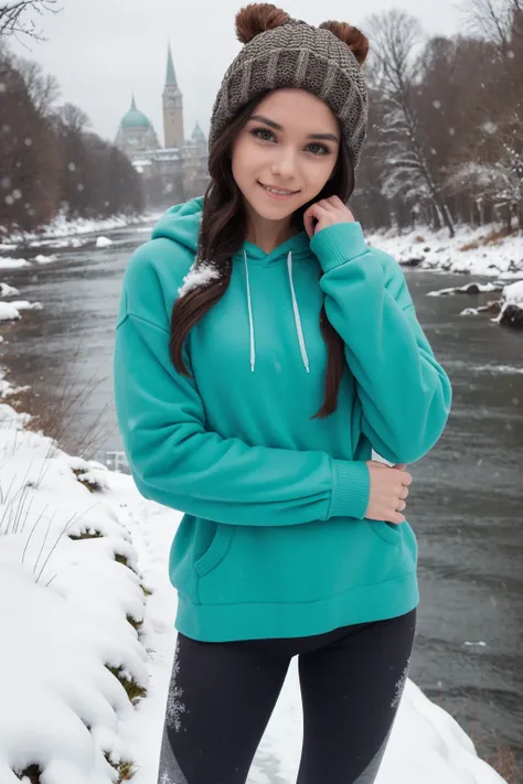 St Patricks Day, <lora:Wolvie_l30nam1a_v2.6:1>, l30nam1a, 1girl, solo, makeup, realistic, smile, Aran sweater hoodie with leggings and platform sneakers, center-parted straight hair, with a snow-covered landscape in the background, glowing cityscape reflec...