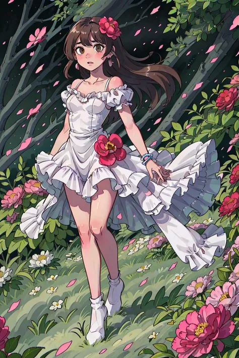 md,<lora:mdh-000014:0.5>,1girl,(blurry background:1.4),brown eyes,brown hair,dress,earrings,field,flower,flower field,long hair,looking at viewer,outdoors,pink flower,realistic,solo,white dress,(full body:1.3),UHD,retina,masterpiece,ccurate,anatomically co...