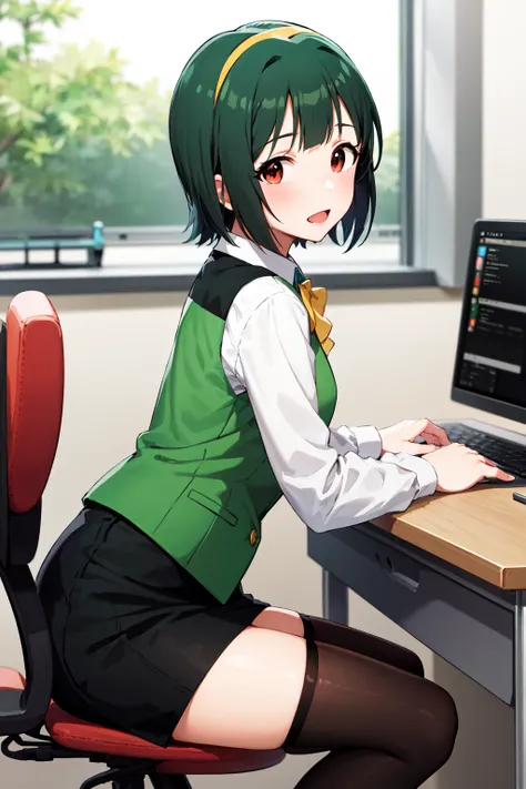 masterpiece, best quality, highres, aakotori, short hair, yellow hairband, mole under mouth, yellow bowtie, collared shirt, white shirt, green vest, long sleeves, black skirt, black thighhighs,  <lora:otonashi_kotori_v1:0.7>, office, sitting, desk, chair, ...