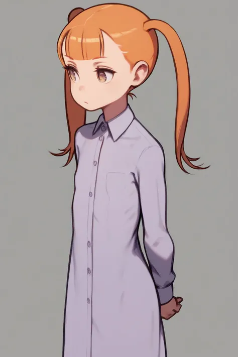 score_7_up, high resolution, 1girl, looking to the side, hands_behind_back, nonowa, orange hair, uneven twintails, round fringe, cream eyes, flat chest, light purple dress shirt <lora:kuroboshi_kouhaku_PonyXL_style_v01.09:1>