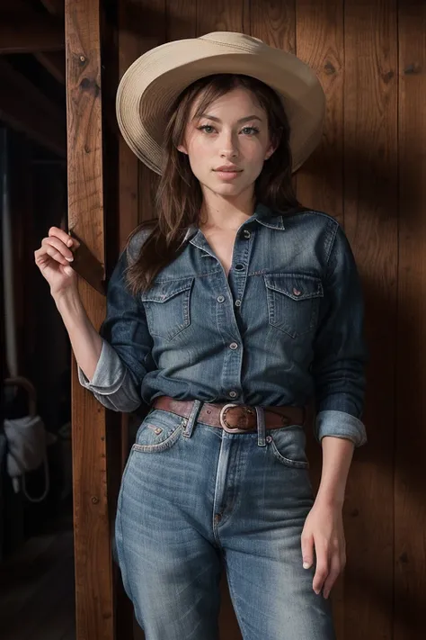 Merger_demstiya_emnast,
country beauty posing against a wooden fence with a plaid shirt and jeans and a cowboy hat, cow girl, country girl, cow girl,
bokeh, f1.4, 40mm, photorealistic, raw, 8k, textured skin, skin pores, intricate details  <lora:epi_noiseo...