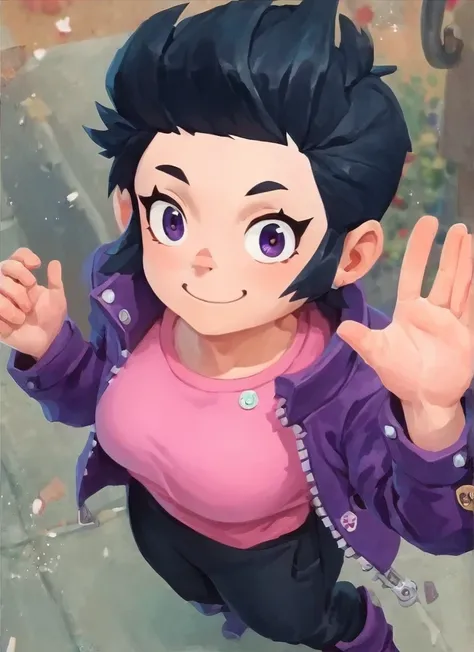 score_9 ,score_8_up , score_7_up, score_6_up, score_5_up, score_4_up <lora:bsbibixl-000004:1>bsbibi , 1 girl , black hair ,   , short hair , sideburns ,cute , pompadour up , anime eyes , purple jacket, pink shirt,  , Black Pants   , smile ,  fullbody  , bo...