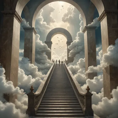 a surreal depiction of the quest for equality, represented by a vast, ((endless staircase winding through the clouds)), with div...