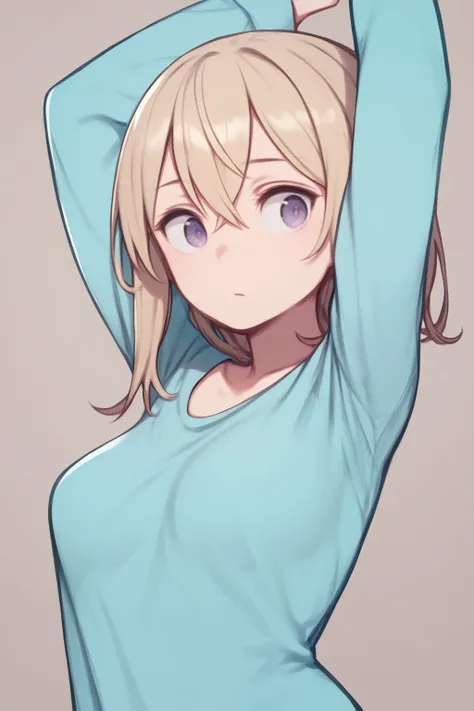 score_7_up, high resolution, 1girl, looking to the side, arms_up, cross-eyed, beige hair, hair between eyes, straight-across bangs, light purple eyes, breasts, aqua off-shoulder shirt <lora:kuroboshi_kouhaku_PonyXL_style_v01.09:1>