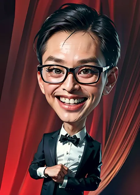 1boy,glasses,solo,smile,realistic,black hair,necktie,grin,curtain grab,curtains,looking at viewer,teeth,formal,black eyes,suit,red background,simple background,datou,, (best quality:1.5), (masterpiece:1.5), (super Realistic:1.5),(high detail:1.5)