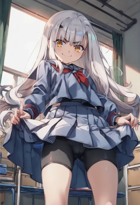 1girl, forked eyebrows, white hair, very long ahir, yellow eyes, v-shaped eyebrows, school uniform, skirt lift, lifted by self, storage room, evil smile, seen from below, pantythose, bike shorts <lora:Melusine XL:1> <lora:Hiroshi-Style-PonyXL-000020:1>, sc...