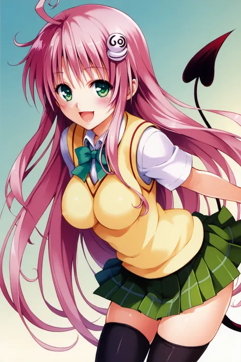 1girl,lala satalin deviluke,solo,long hair,pink hair,school uniform,green eyes,thighhighs,tail,smile,ahoge,skirt,open mouth,demo...