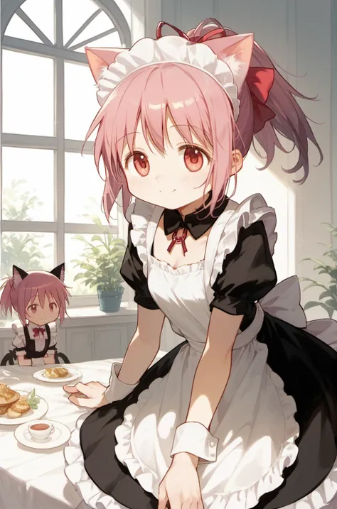 madoka (Puella Magi Madoka Magica),1girl,<lora:madoka_pony_v2:0.8>,maid,ponytail,cat ears,light smile,maid cafe,, score_9,score_8_up,score_7_up,score_6_up,score_5_up,score_4_up,