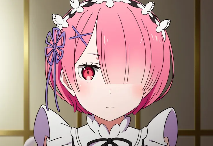 <lora:ram:1> ram (re:zero), 1girl, ram (re:zero), pink hair, solo, short hair, hair ornament, hair over one eye, x hair ornament, looking at viewer, maid