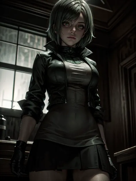 <lora:Character_EileenGalvinV2:1>, masterpiece, best quality, 1girl, bangs, black gloves, black jacket, closed mouth, gloves, green eyes, light green hair, holding lantern, jacket, looking down at viewer, solo, capelet, black skirt, absurdes, highres, heav...