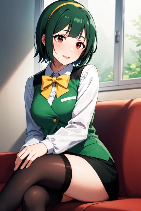 masterpiece, best quality, highres, aakotori, short hair, yellow hairband, mole under mouth, yellow bowtie, collared shirt, white shirt, green vest, long sleeves, black skirt, black thighhighs,  <lora:otonashi_kotori_v1:0.7>, sitting, crossed legs,