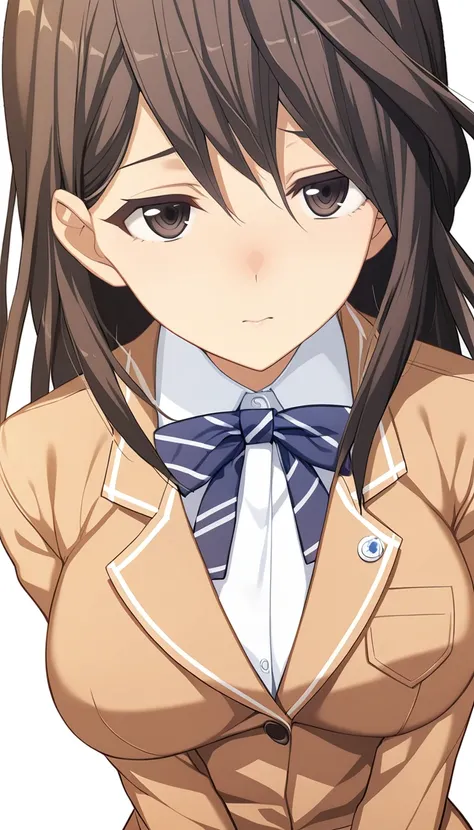 1girl,miki kotori,school uniform,white shirt,brown blazer,blue striped bow tie,white collar insignia,masterpiece,best quality,solo,game cg,(detailed beautiful eyes:1.2),(beautiful face:1.2),white background,simple background,close up,cowboy shot,<lora:Miki...