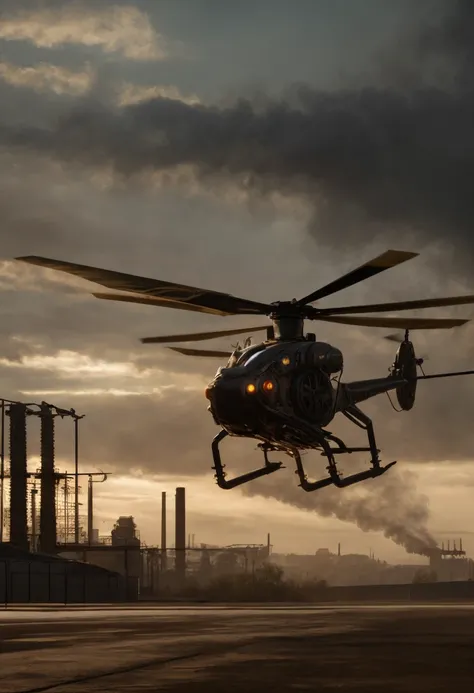 (long giant steam powered brass robotic helicopter with wings landed at an airstrip, brass cogs, gears and pipes:1.3),  (distant gothic industrial city skyline:1.2), brass clock tower, thick smog, sunset, cinematic film still, directed by Denis Villeneuve|...