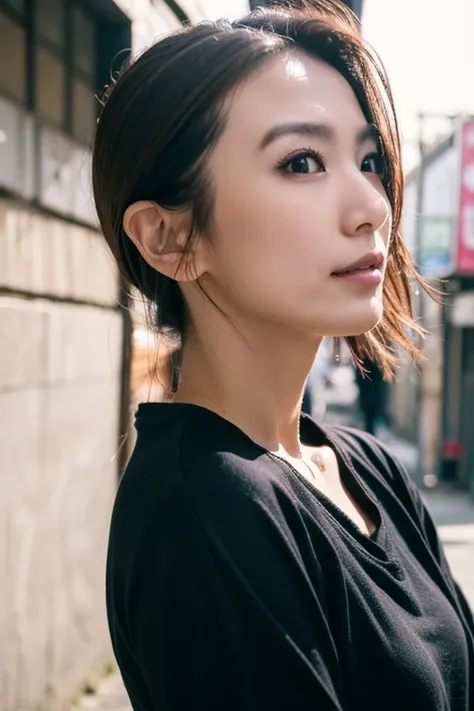 Best quality,masterpiece,ultra high res,(photorealistic:1.2),1girl,deep shadow,low key,(photorealistic:1.2),slim body,japanese street alley,dynamic pose,face closeup,<lora:hebe_tien:0.9>,