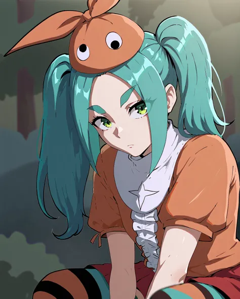 score_8_up, score_7_up, score_6_up, score_5_up, score_4_up, anime screencap, looking at viewer, 
<lora:Yotsugi Ononoki (Autism XL)-000009:0.6> ononoki yotsugi, 1girl, solo, highres, twintails, aqua hair, green eyes, thick eyebrows, orange headwear, orange ...