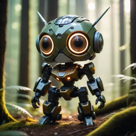 (MECHA:) Medium shot, Adorable creature with big reflective eyes, moody lighting, best quality, full body portrait, real picture, intricate details, depth of field, in a forest, fujifilm xt3, outdoors, bright day, beautiful lighting, raw photo, 8k uhd, fil...