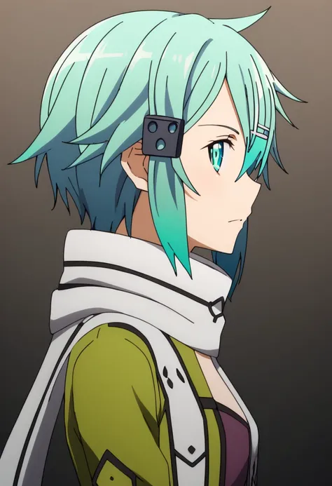 <lora:sinon:1> sinon, 1girl, from side, hair ornament, hairclip, looking at viewer, scarf, short hair, sinon, solo