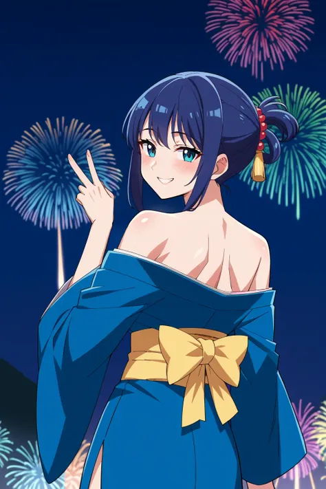 score_9, score_8_up, score_7_up, score_6_up, score_5_up, score_4_up, BREAK source_anime,1girl,solo, anime screencap,smile,looking at viewer
kimono,off shoulder,from behind,looking back,blushing,peace sign,fireworks,smiling