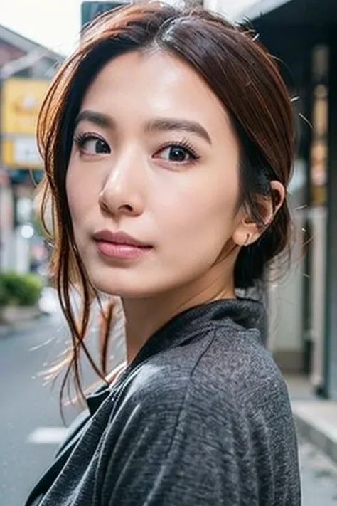 Best quality,masterpiece,ultra high res,(photorealistic:1.2),1girl,deep shadow,low key,(photorealistic:1.2),slim body,japanese street alley,dynamic pose,face closeup,<lora:hebe_tien:0.9>,