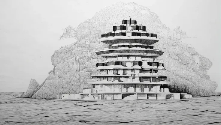 black and white ink drawing of utopian  Architecture project on an island in the middle of the ocean    <lora:JVA-ink:1>