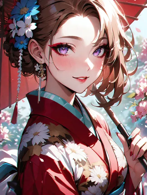 masterpiece,best quality,1girl,solo,flower,kimono,umbrella,japanese clothes,hair ornament,hair flower,oil-paper umbrella,looking at viewer,earrings,holding,jewelry,floral print,blush,makeup,petals,red lips,upper body,print kimono,parted lips,red kimono,sho...