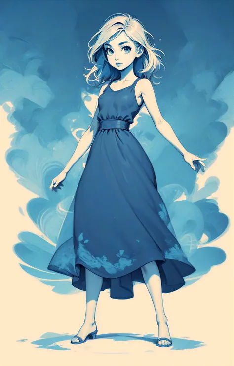 score_9, score_8_up, score_7_up, female, flat blue color, lineart, abstract, blue theme, (monochrome:1.2), blue dress, full body <lora:KakkoiiPony:1>