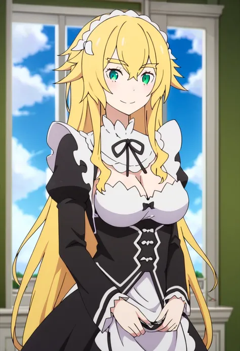 <lora:Frederica:1> Frederica, 1girl, roswaal mansion maid uniform, blonde hair, breasts, maid, long hair, solo, bow, smile, cleavage