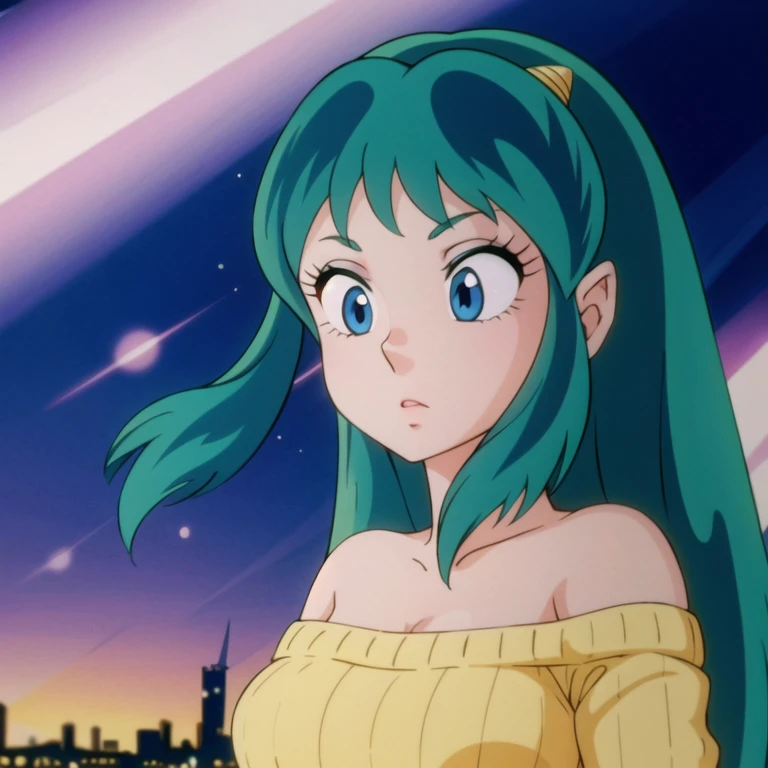 1girl, Lum, green hair, off-shoulder sweater, Cityscape skyline, night, lights, (dynamic pose), portrait, Dramatic lighting, Glowing particles, Particles, Color mix, Bright colors, Bloom, Colorful, Depth of field, highres, 1981, <lora:LumR:0.8>