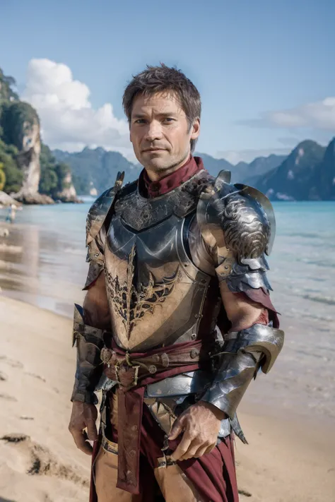 <lora:nicolajcoster:0.9> nicolajcoster a man wearing medieval armor, castle, railay beach