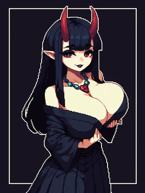 score_9, score_8_up, score_7_up, score_6_up, score_5_up, score_4_up,
BREAK
1girl, black hair, long hair, straight hair, blunt bangs, hime cut, gem necklace, red gem, red eyes, black eyeshadow, black lips, oni horns, asymmetrical hair, seductive smile,
BREA...