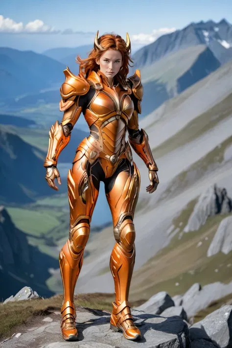 hxarmour,1 woman,(orange armour:1.1),mountain,walking,<lora:HXarmour_005XL:0.7>,