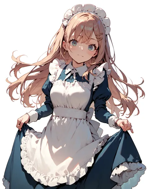 1girl, :d, apron, blue dress, blush, dress, green eyes, hair ornament, hairclip, long hair, maid, maid apron, maid headdress, op...