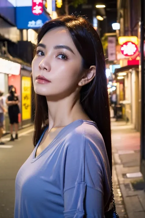 Best quality,masterpiece,ultra high res,(photorealistic:1.2),1girl,deep shadow,low key,(photorealistic:1.2),slim body,japanese street alley,dynamic pose,face closeup,<lora:ella_chen:0.9>,