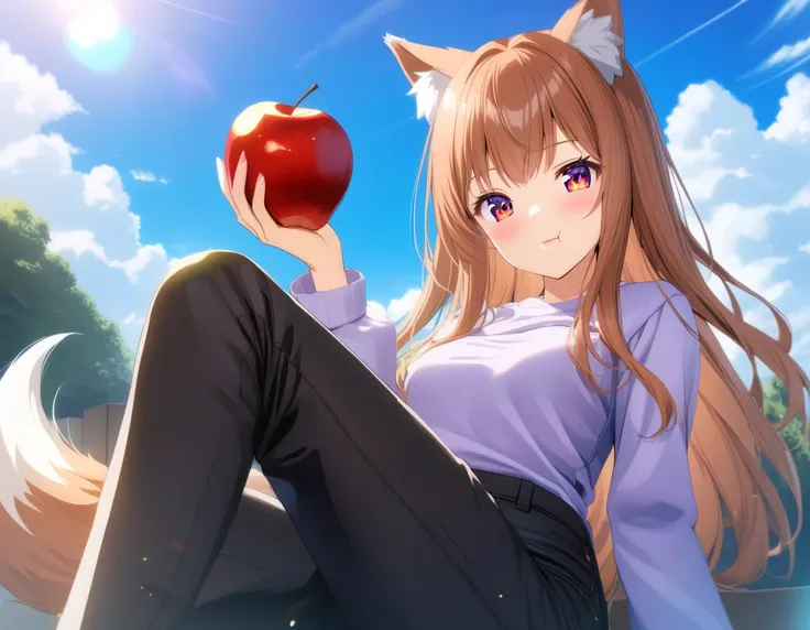 holo,1girl,animal_ear_fluff,apple,black_pants,blue_sky,brown_hair,closed_mouth,red eyes,cloud,day,eating,food,fruit,holding,holding_food,holding_fruit,long_sleeves,looking_at_viewer,outdoors,pants,purple_shirt,shirt,sitting,sky,solo,tail,wolf_tail,detailed...