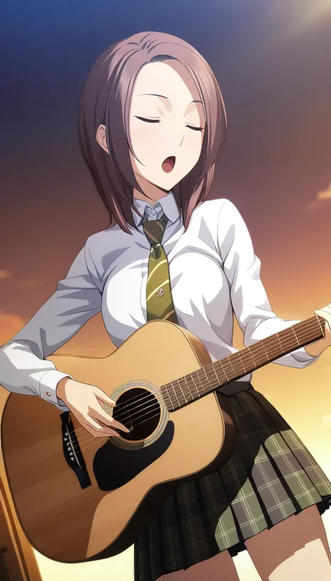 1girl,Kodou Shiina,school uniform,plaid pleated skirt,green striped necktie,playing instrument,guitar,holding,indoors,dutch angle,closed eyes,open mouth,cloud,sunset,outdoors,masterpiece,best quality,solo,game cg,(illustration:1.2),(extremely fine and beau...