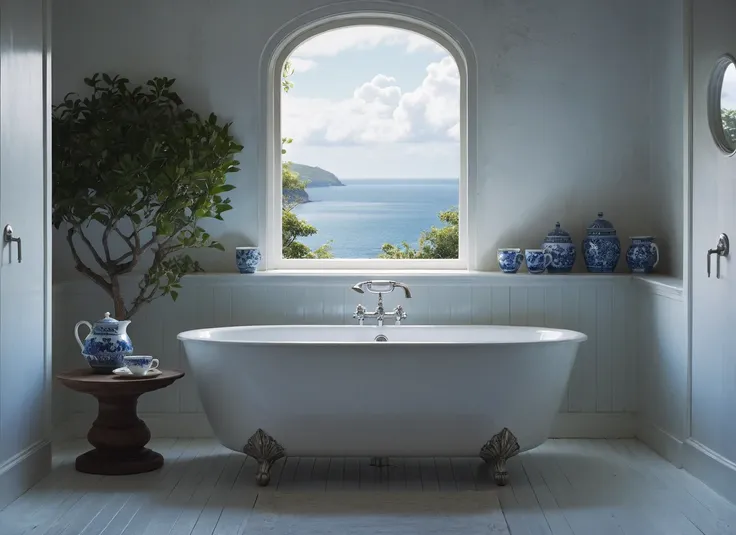 A serene and picturesque view from a bathroom window with a large, white, oval-shaped bathtub, shiny silver faucets, blue and white patterned mugs, a small plate with two cups, an open window showing a calm blue sea, sky, an island in the distance, green l...