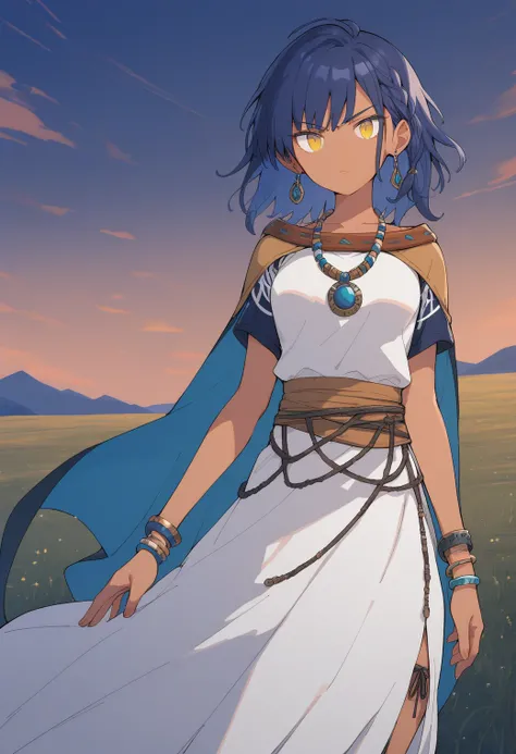 1girl, field, cowboy shot, serious, looking at viewer, 
lillu, dark-skinned female, dark skin, yellow eyes, blue hair, medium hair, braid, bangs, earrings, necklace, bracelet, cape, long dress, white dress, short sleeves, <lora:Lillu_pony_ver1:0.7>, score_...