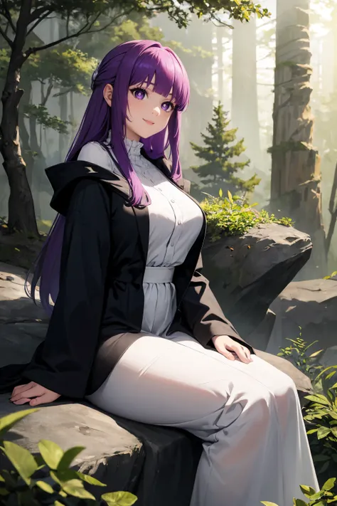 masterpiece, best quality, absurdres, 1girl, solo, FernBase, purple pupils, long hair, half updo, white dress, collared dress, (black robe), outdoors, sitting, on rock, forest, smile, <lora:FernV2:1>